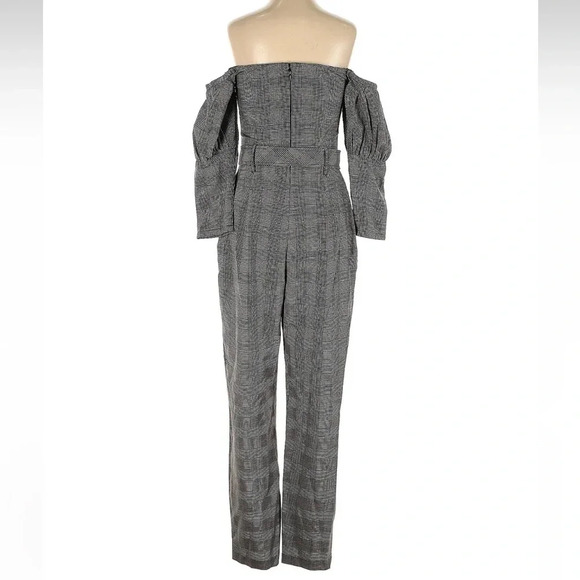 Guess Alexa Grey Pinstripe Plaid Bustier Off The Shoulder Jumpsuit Size 0 XXS XS - Picture 7 of 9